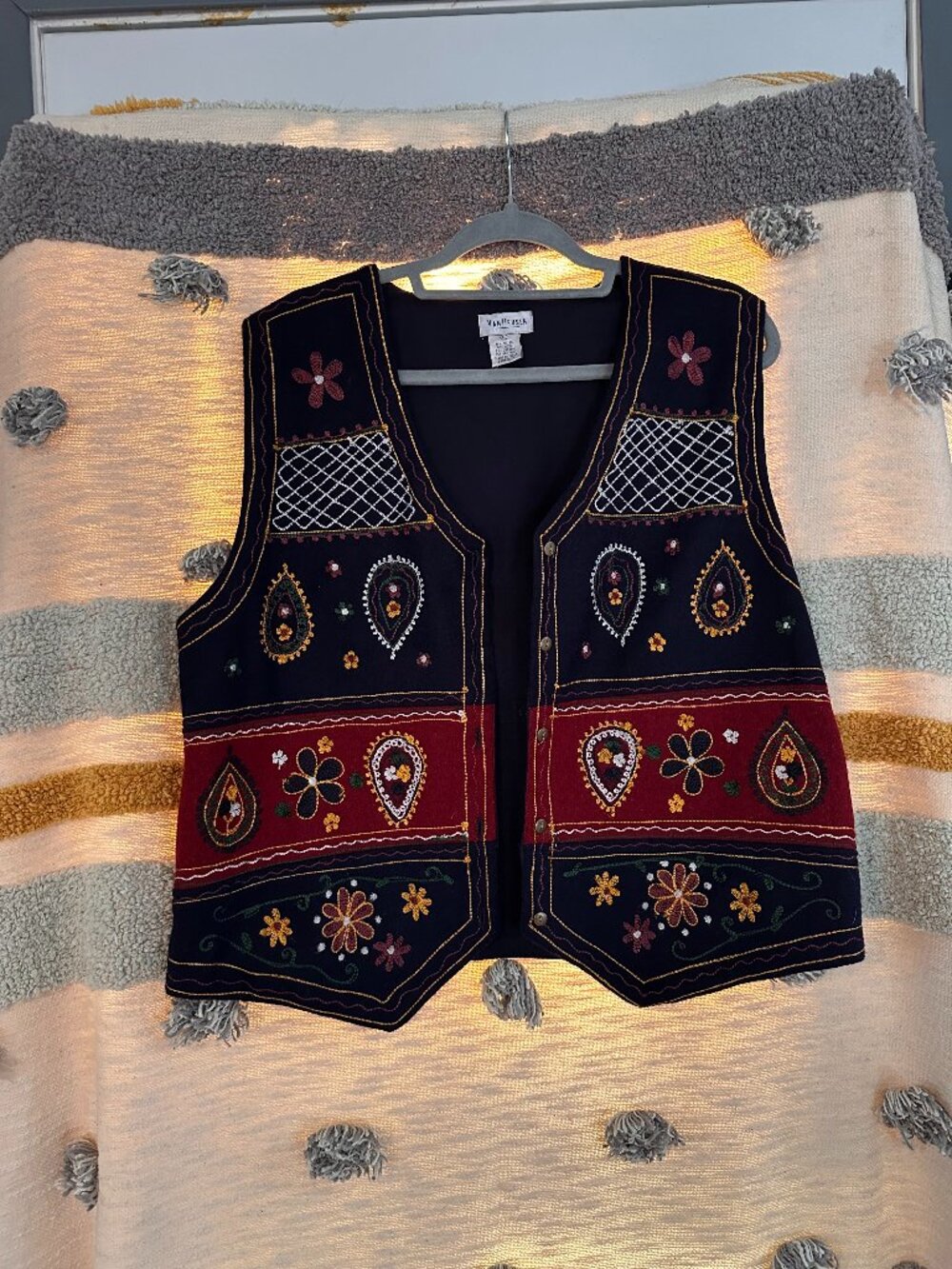 Vintage Van Heusen Navy BlueButton Front Embroidery Wool Blend Lined Vest - XL